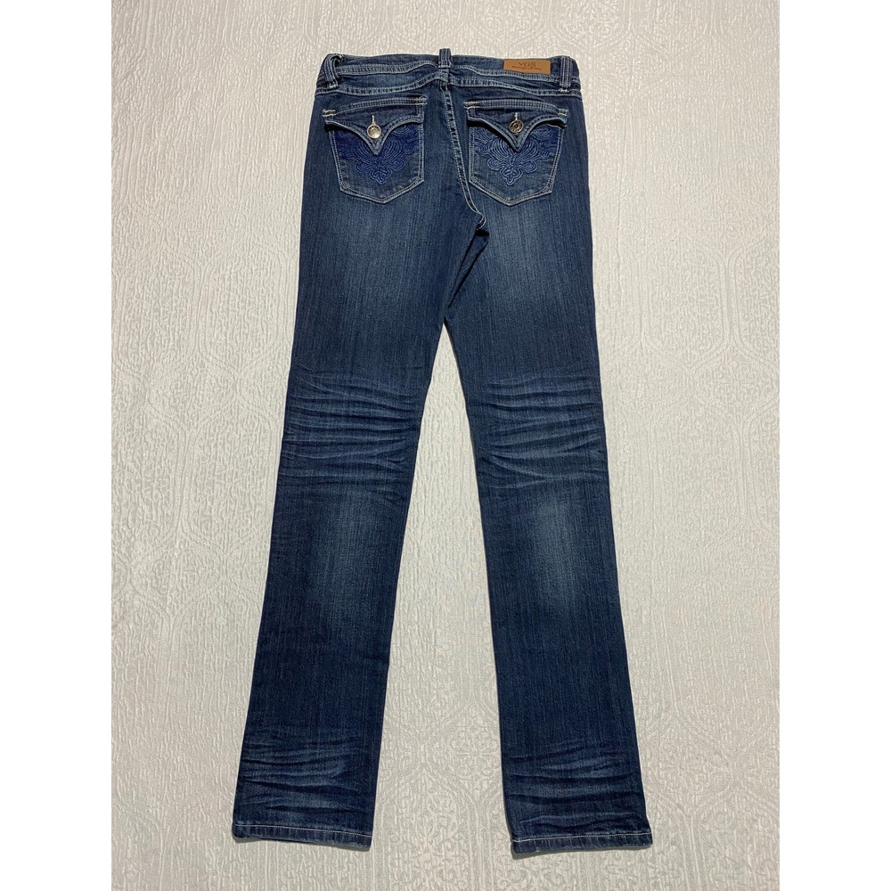 VGS Denim‎ Straight Jeans Women's Size 4 Blue Denim Whiskers Stretch Embroidered